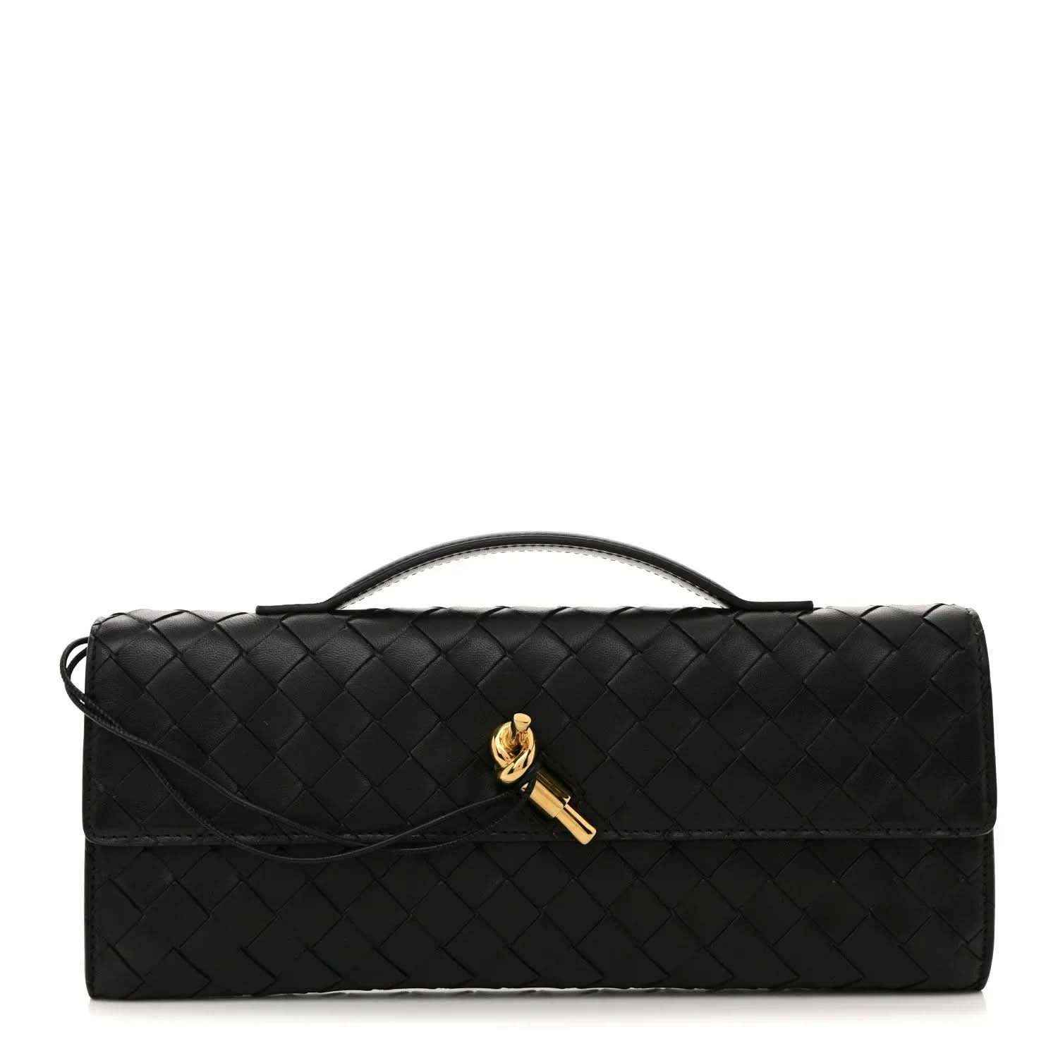 Bottega Veneta intrecciato leather top-handle clutch, black, gold clasp