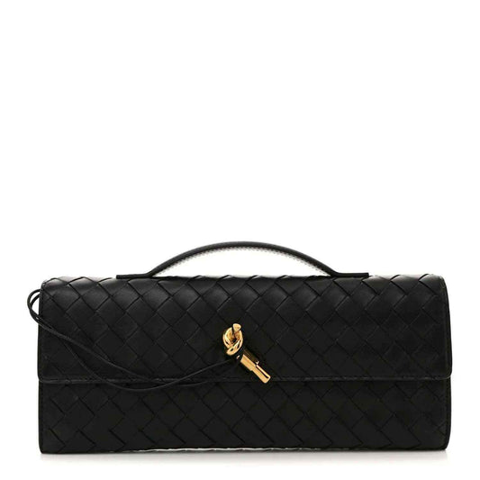 Bottega Veneta intrecciato leather top-handle clutch, black, gold clasp