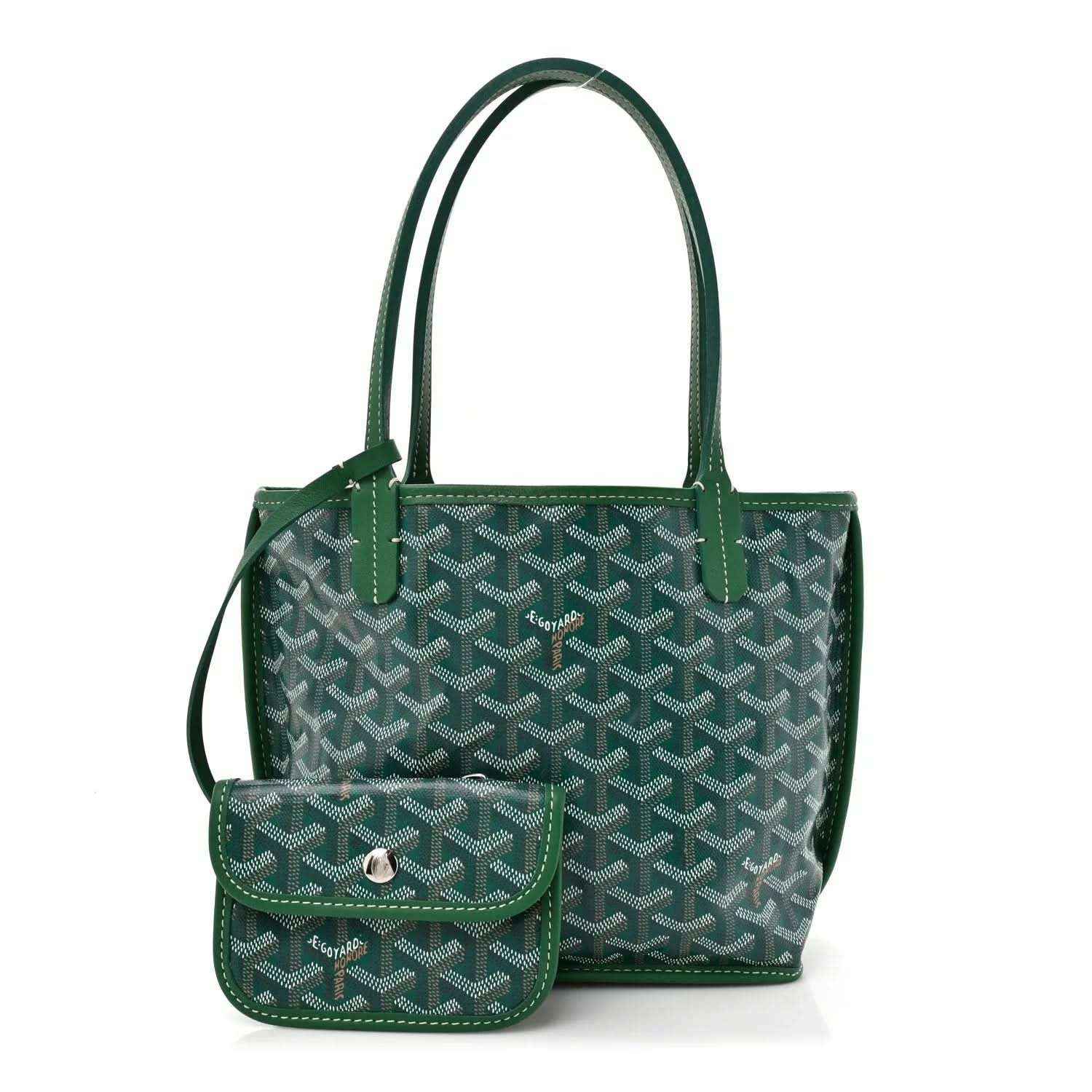 Green patterned mini tote bag with front flap pocket, top handles, and snap closure