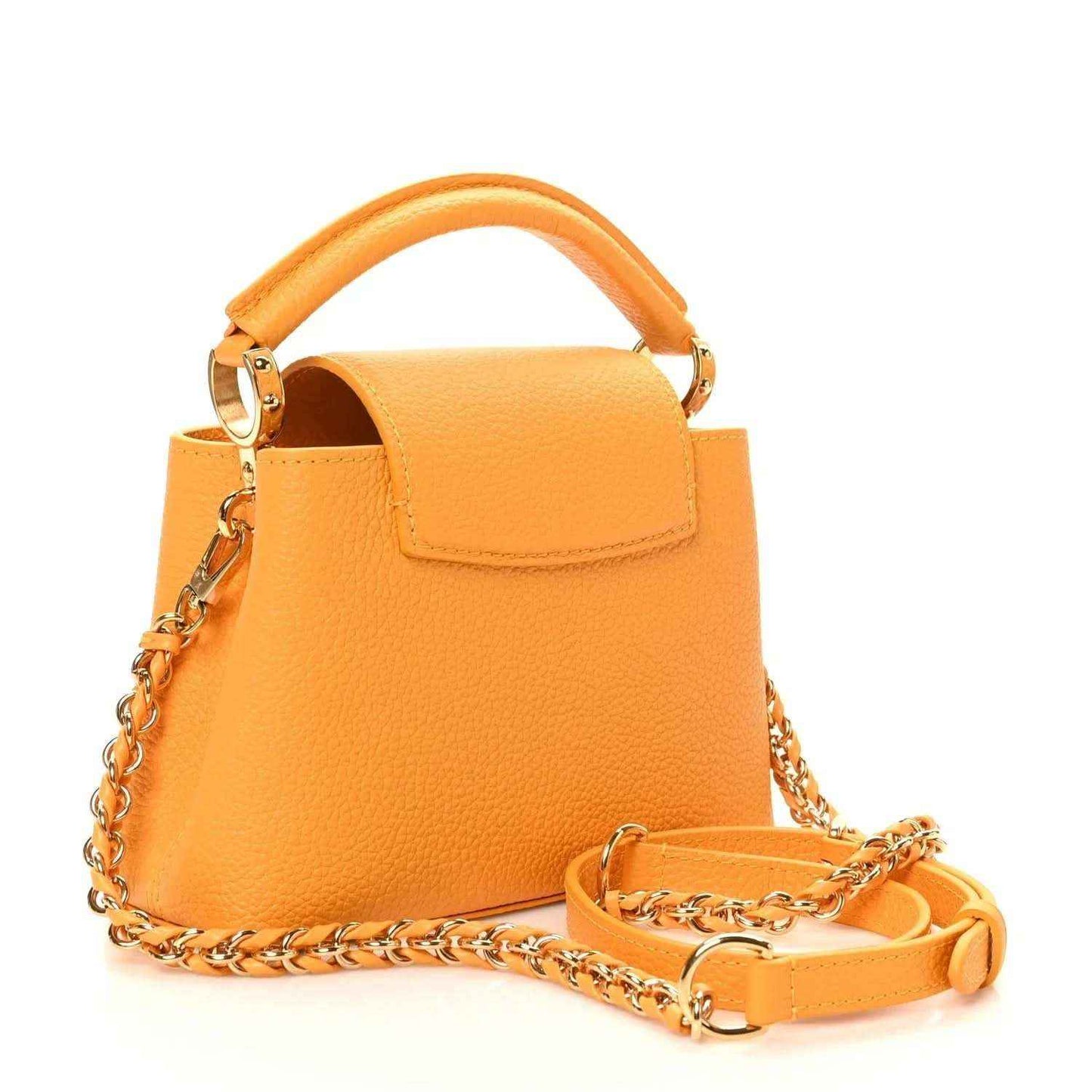 Mini Capucines handbag in yellow textured leather with flap, top handle, and shoulder chain