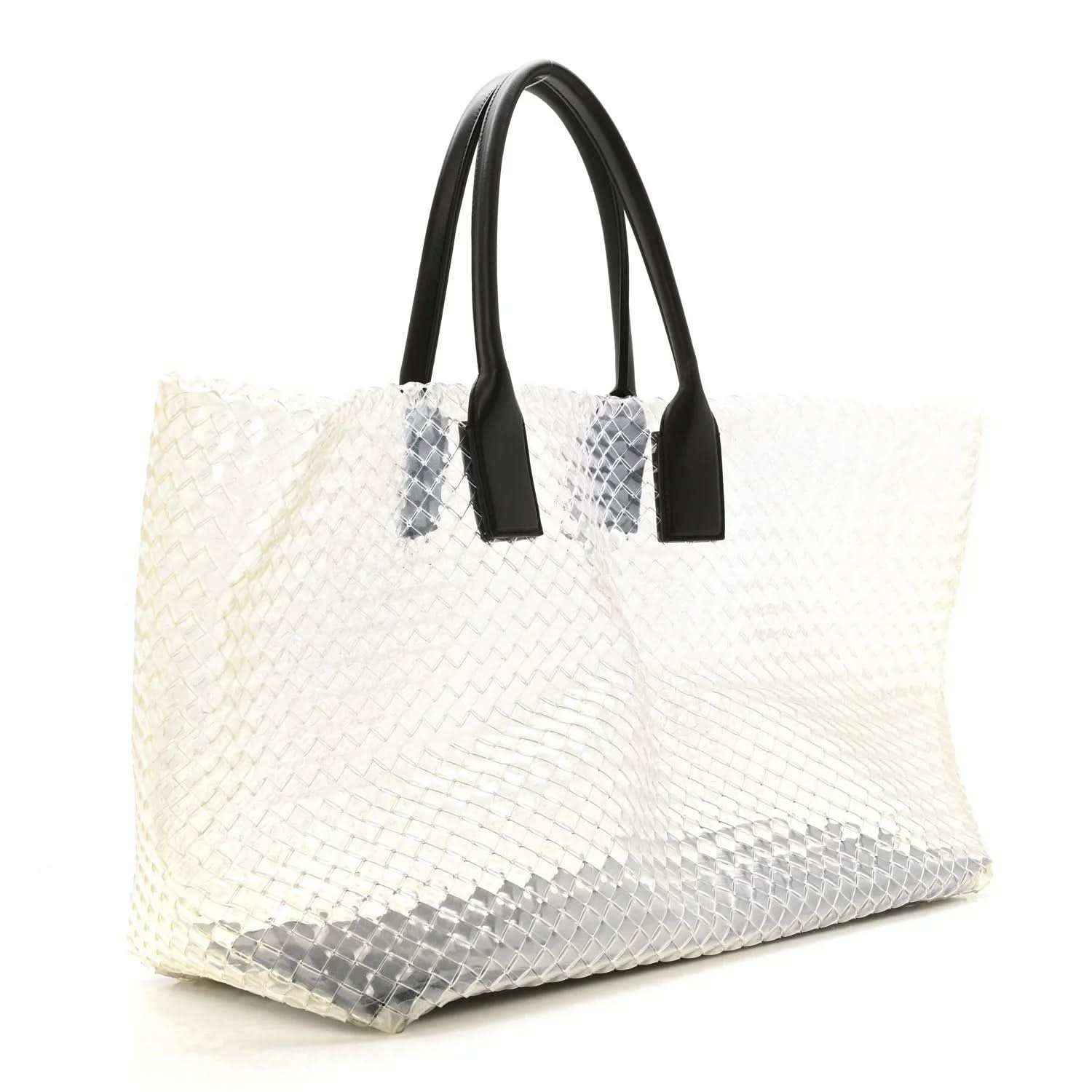 Large tote bag with white woven PVC body and black leather handles