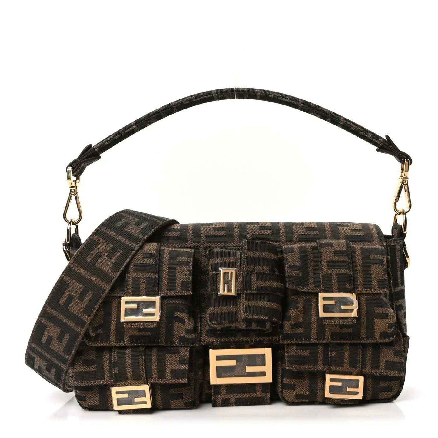 Tobacco brown jacquard baguette bag with FF motif, flap, and gold-tone handles