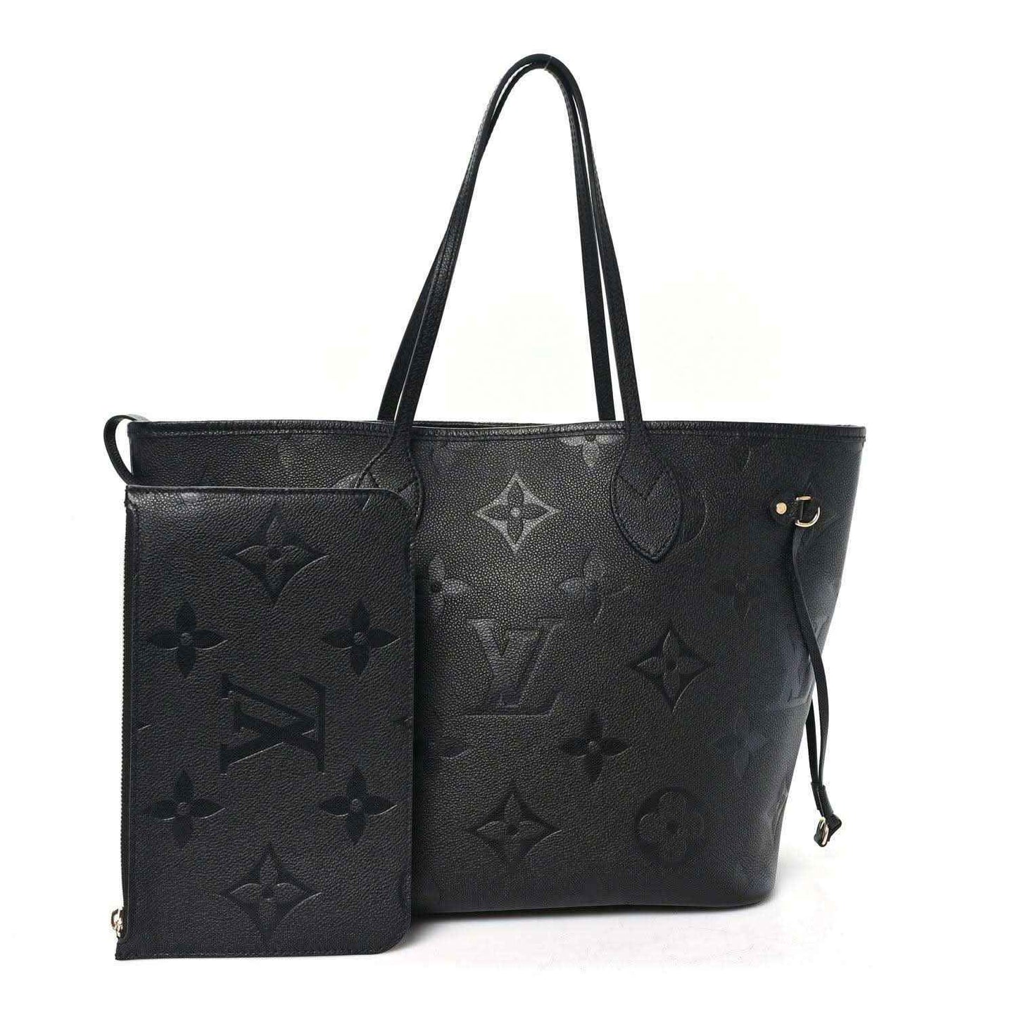 Neverfull MM tote bag with front pouch, dark black embossed monogram leather