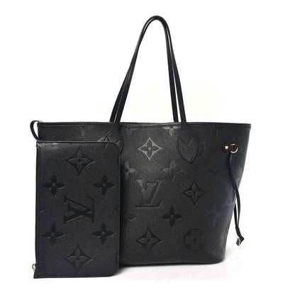 Neverfull MM tote bag with front pouch, dark black embossed monogram leather