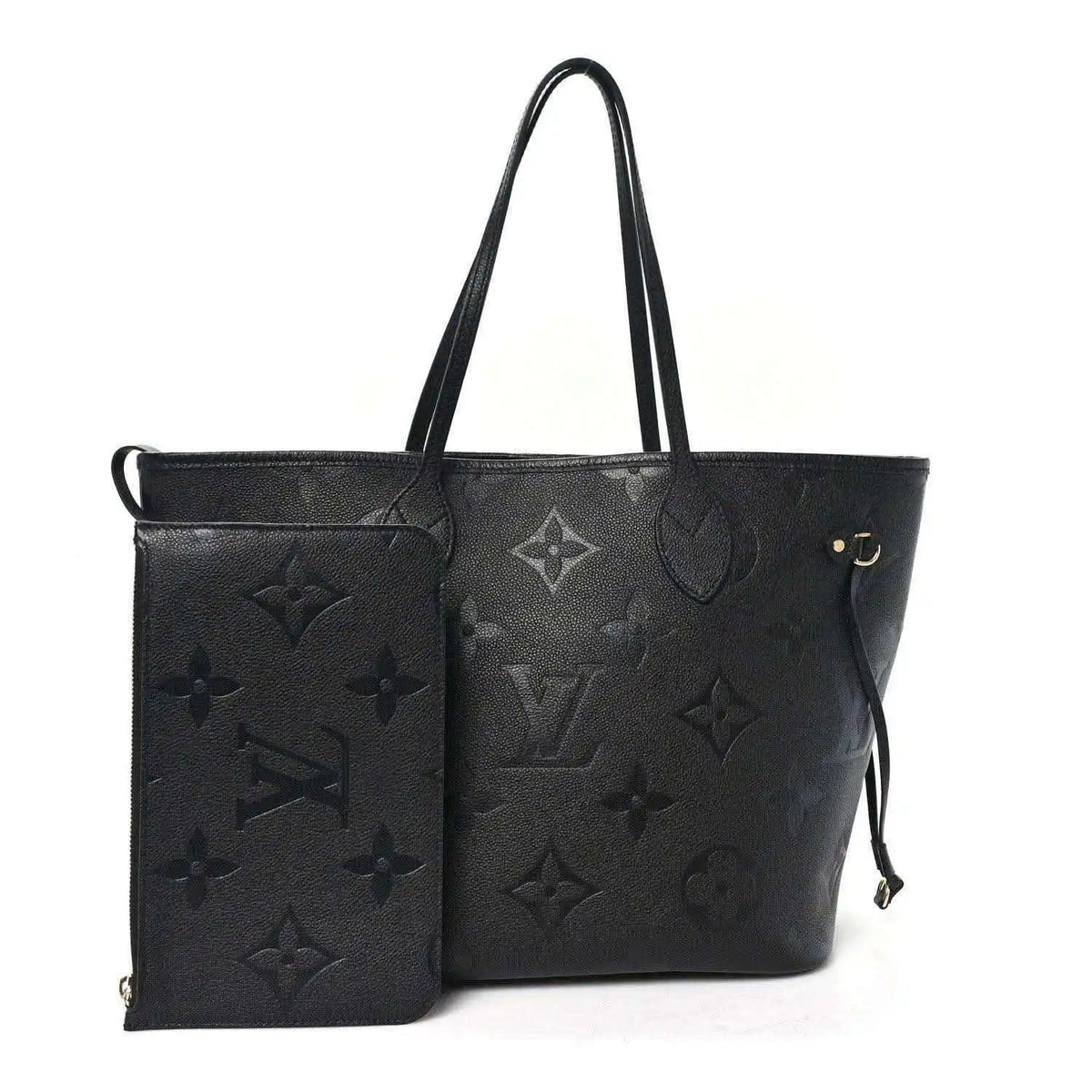 Neverfull MM tote bag with front pouch, dark black embossed monogram leather