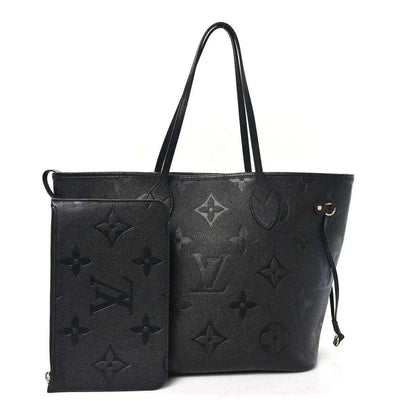 Neverfull MM tote bag with front pouch, dark black embossed monogram leather