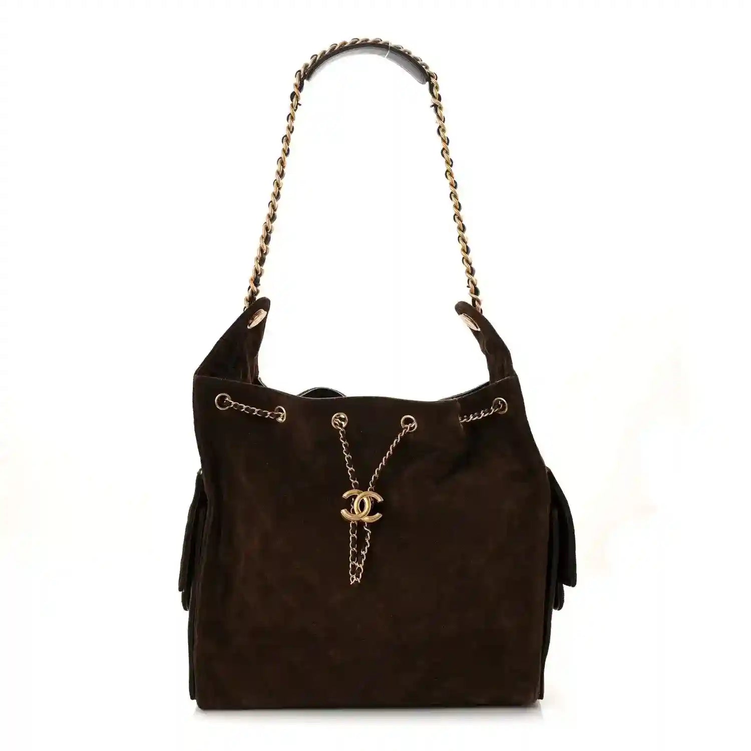 Dark brown suede quilted medium 25 handbag with chain shoulder straps and CC charm