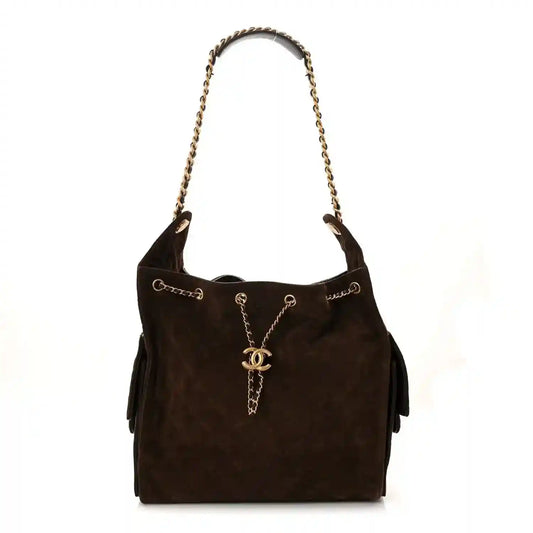 Dark brown suede quilted medium 25 handbag with chain shoulder straps and CC charm