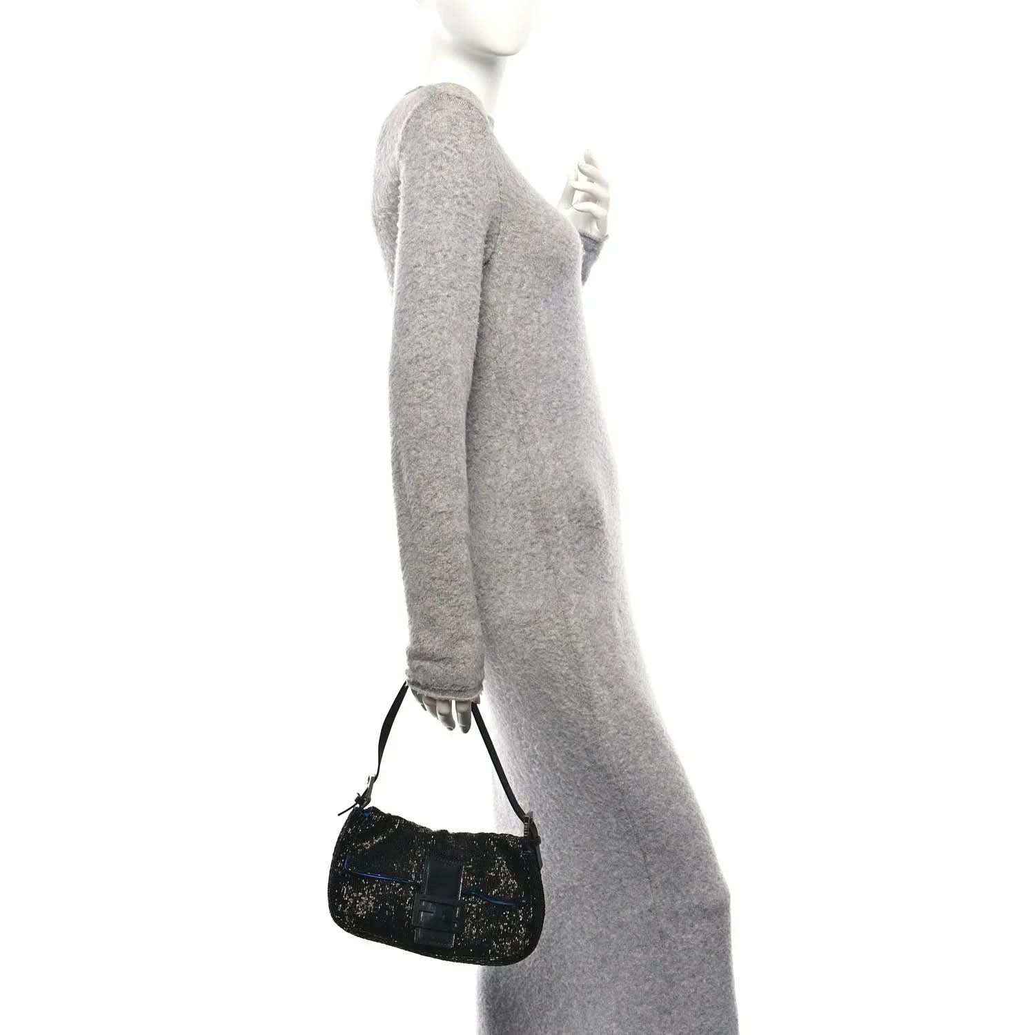 Black beaded baguette handbag with shoulder strap and silver buckle hardware