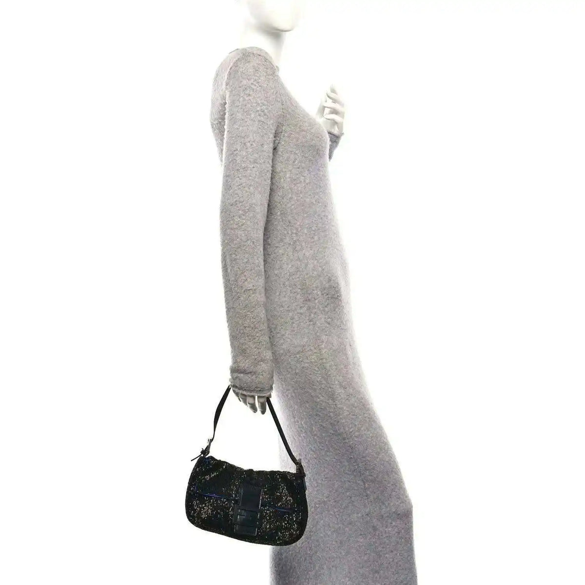 Black beaded baguette handbag with shoulder strap and silver buckle hardware