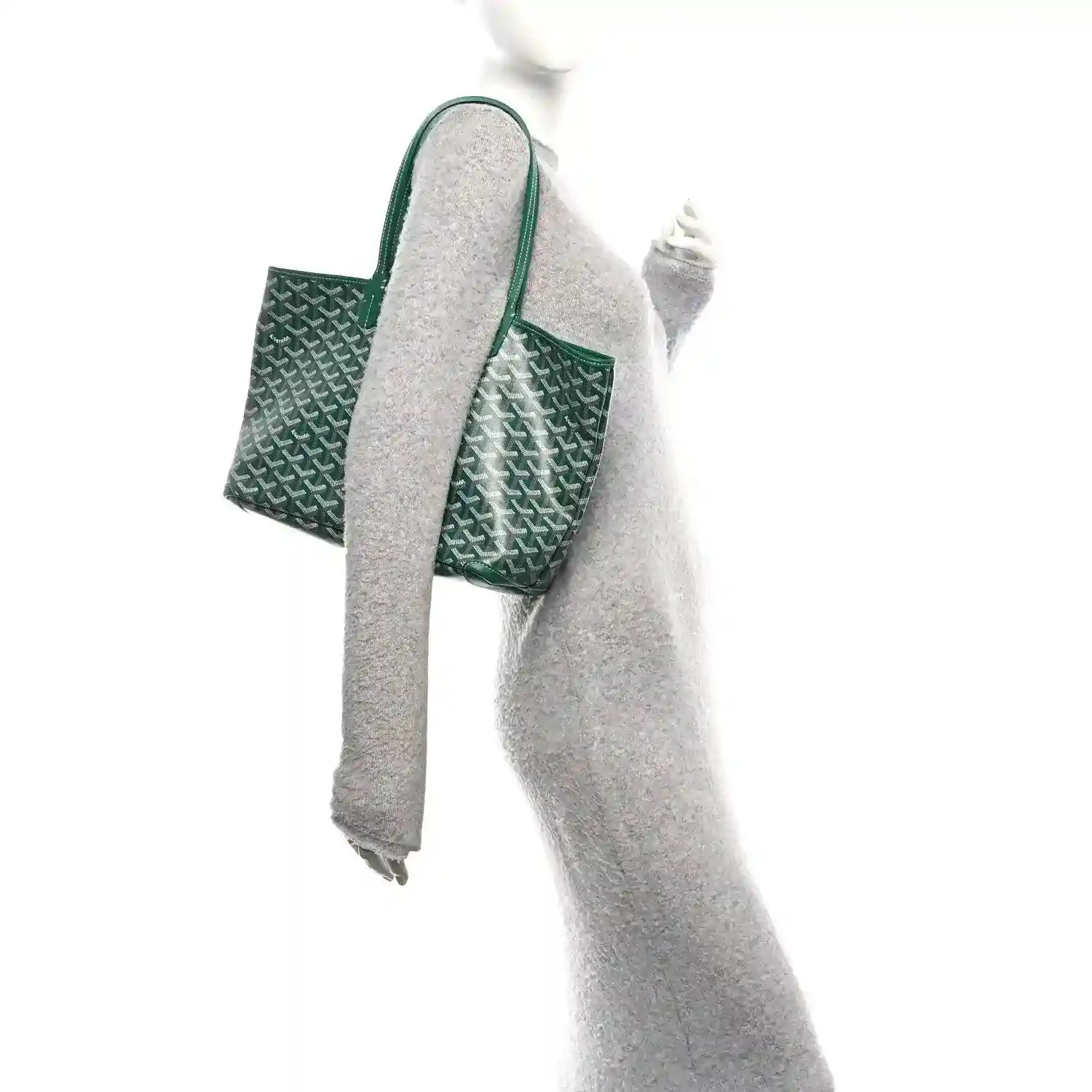 Green Goyardine Artois PM tote bag, side view showing handles and patterned canvas