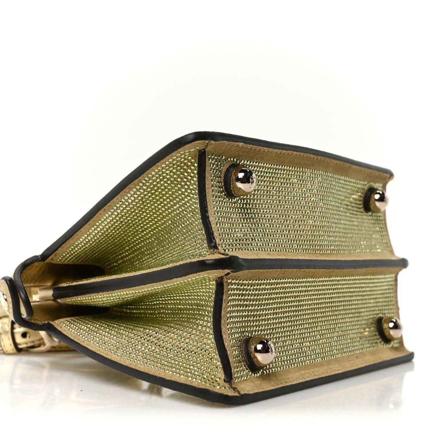 Petite Peekaboo satchel side view, olive textured leather with black edging and stud accents