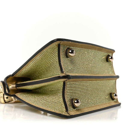 Petite Peekaboo satchel side view, olive textured leather with black edging and stud accents