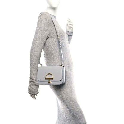 Light grey small shoulder bag on model with gold-tone clasp and adjustable strap