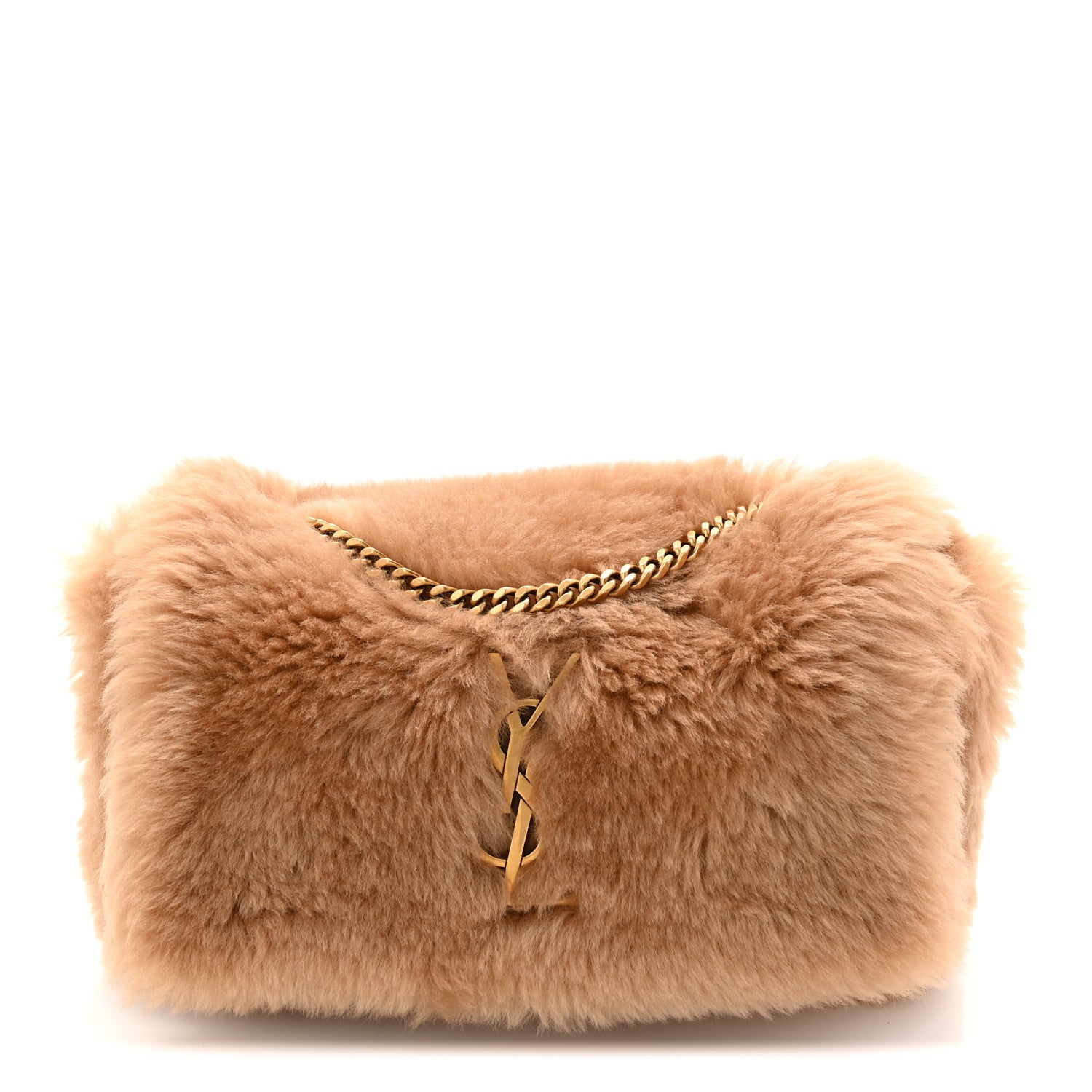 Reversible shearling satchel with gold chain strap, ecru drawstring front