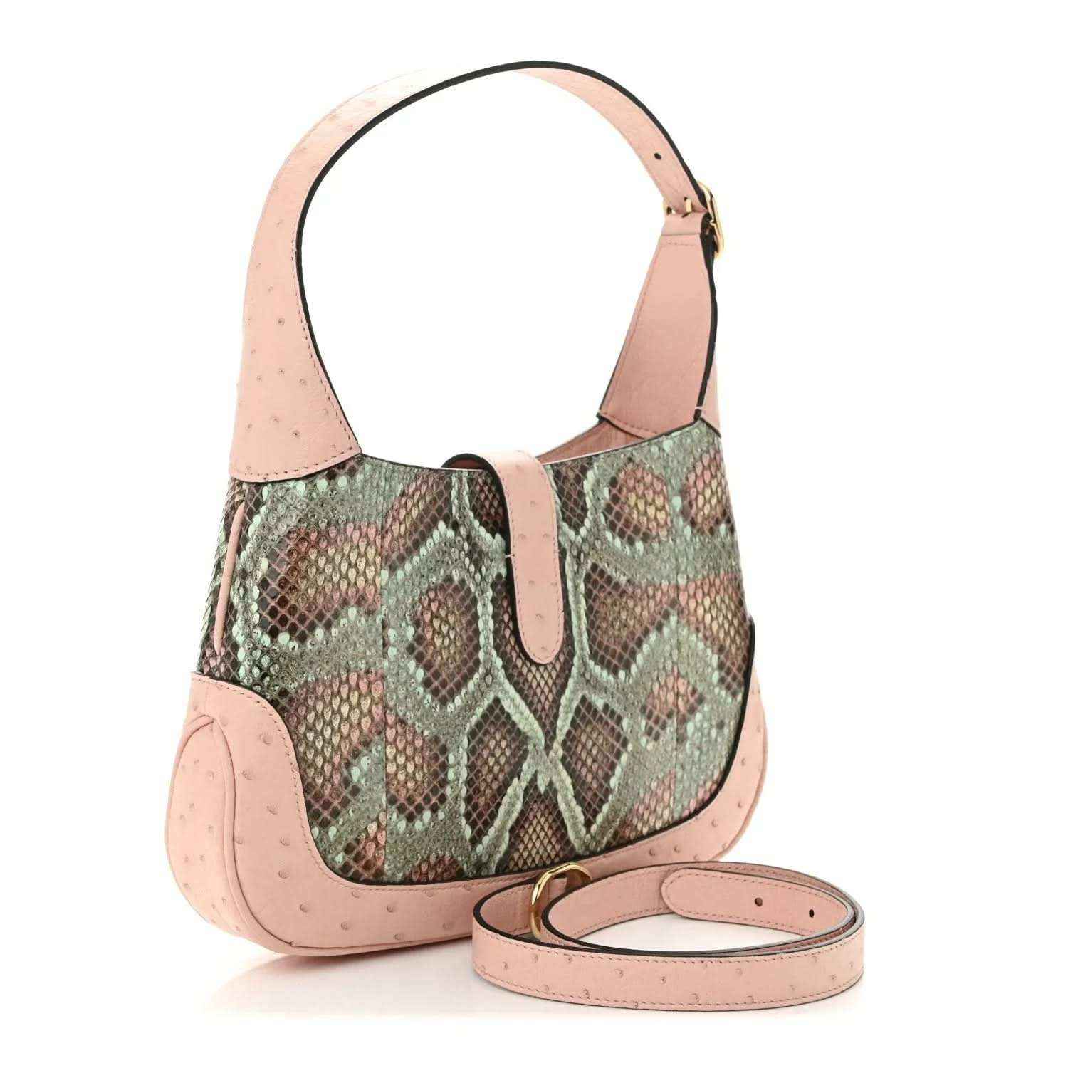 Gucci small Jackie 1961 hobo bag in pink with green and brown snakeskin sides