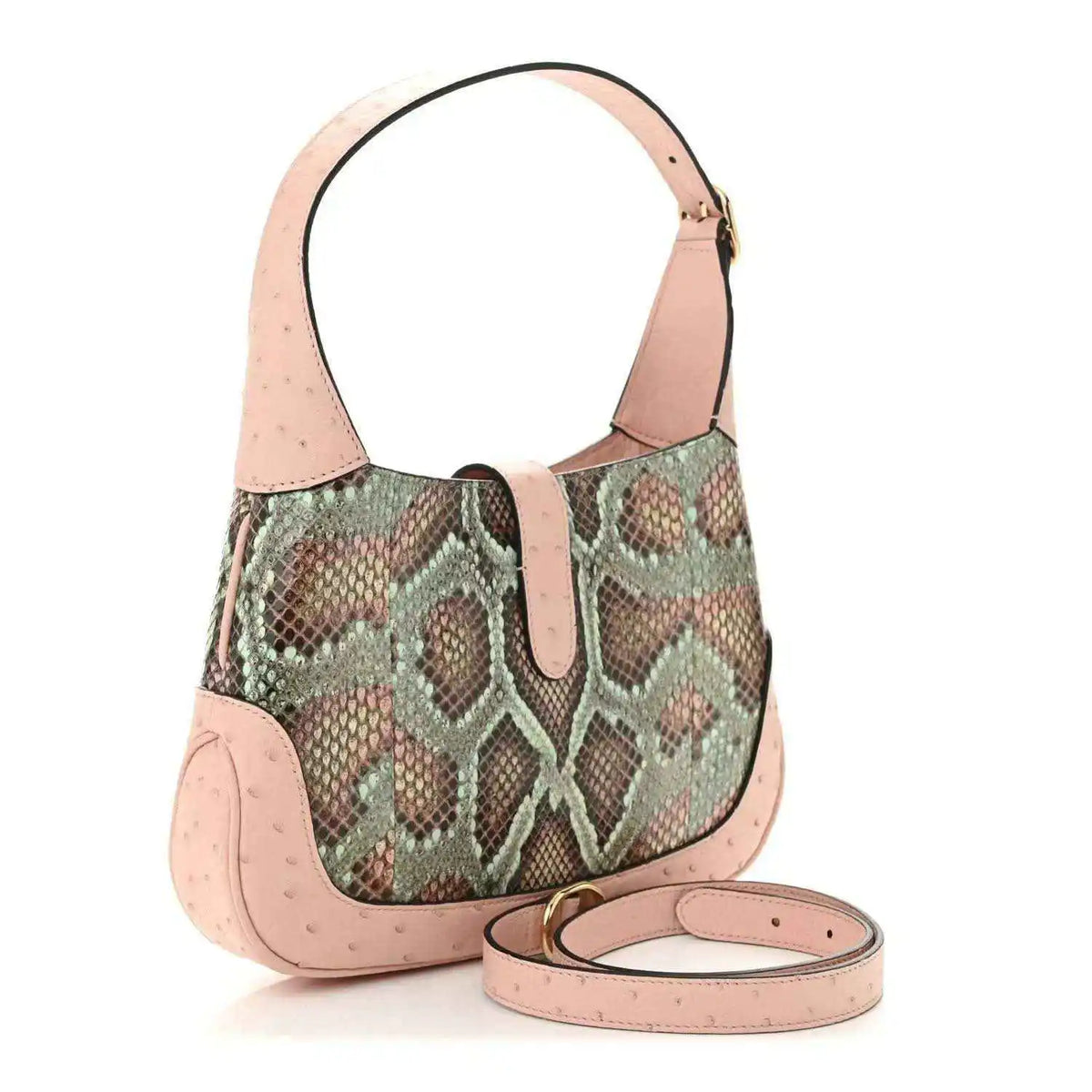 Gucci small Jackie 1961 hobo bag in pink with green and brown snakeskin sides