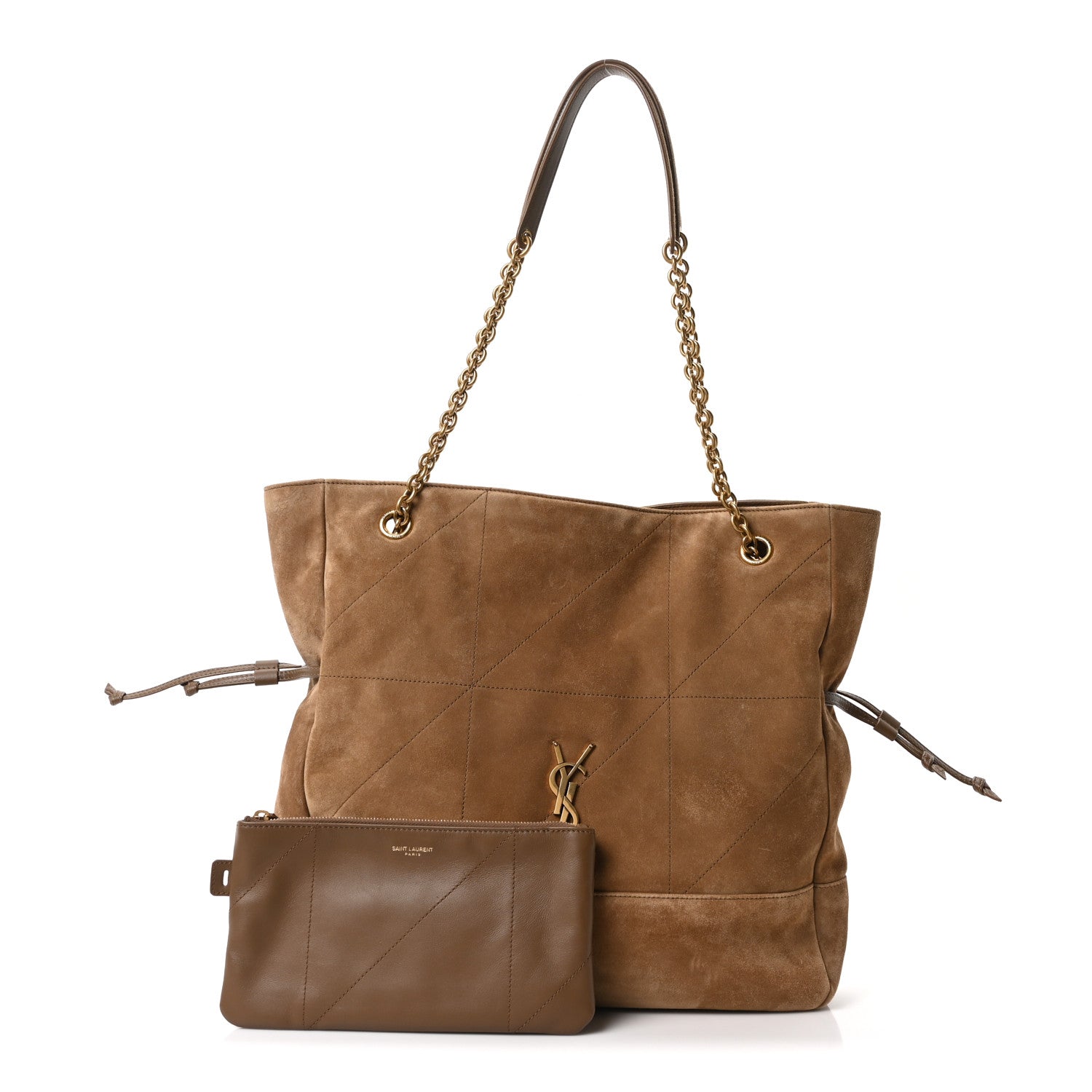 Suede medium tote with chain handles, YSL emblem, and matching zip pouch