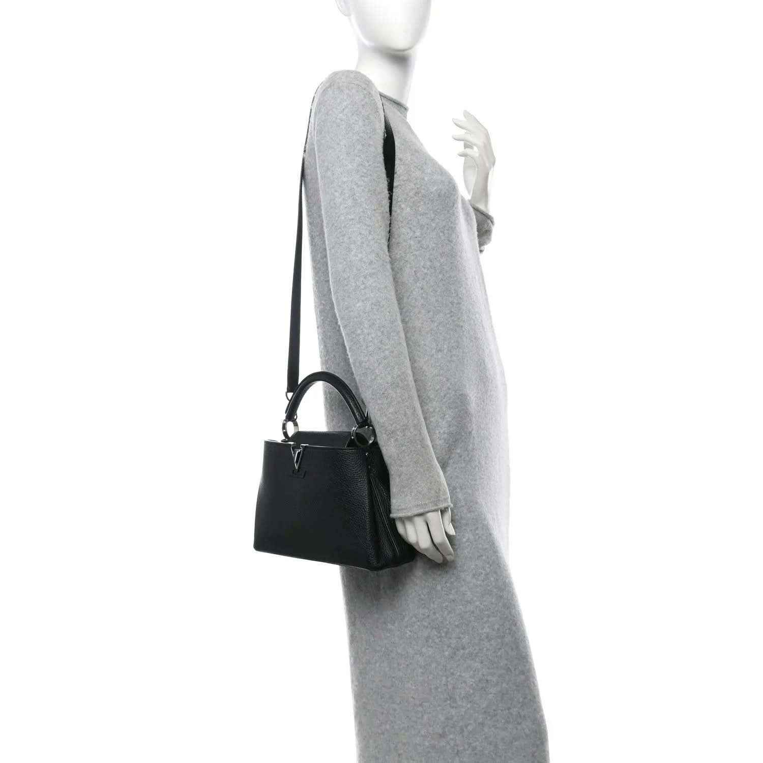 Black leather mini handbag with short handles and side strap