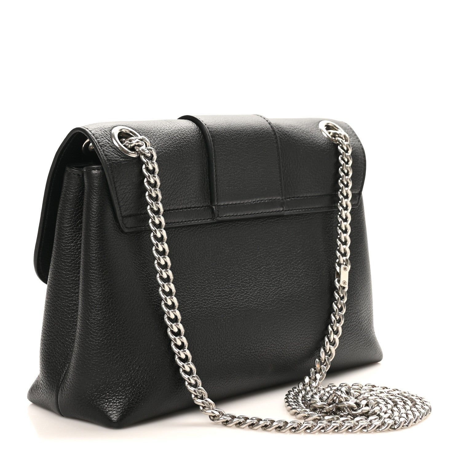 Black structured shoulder bag with chain strap and front flap clasp