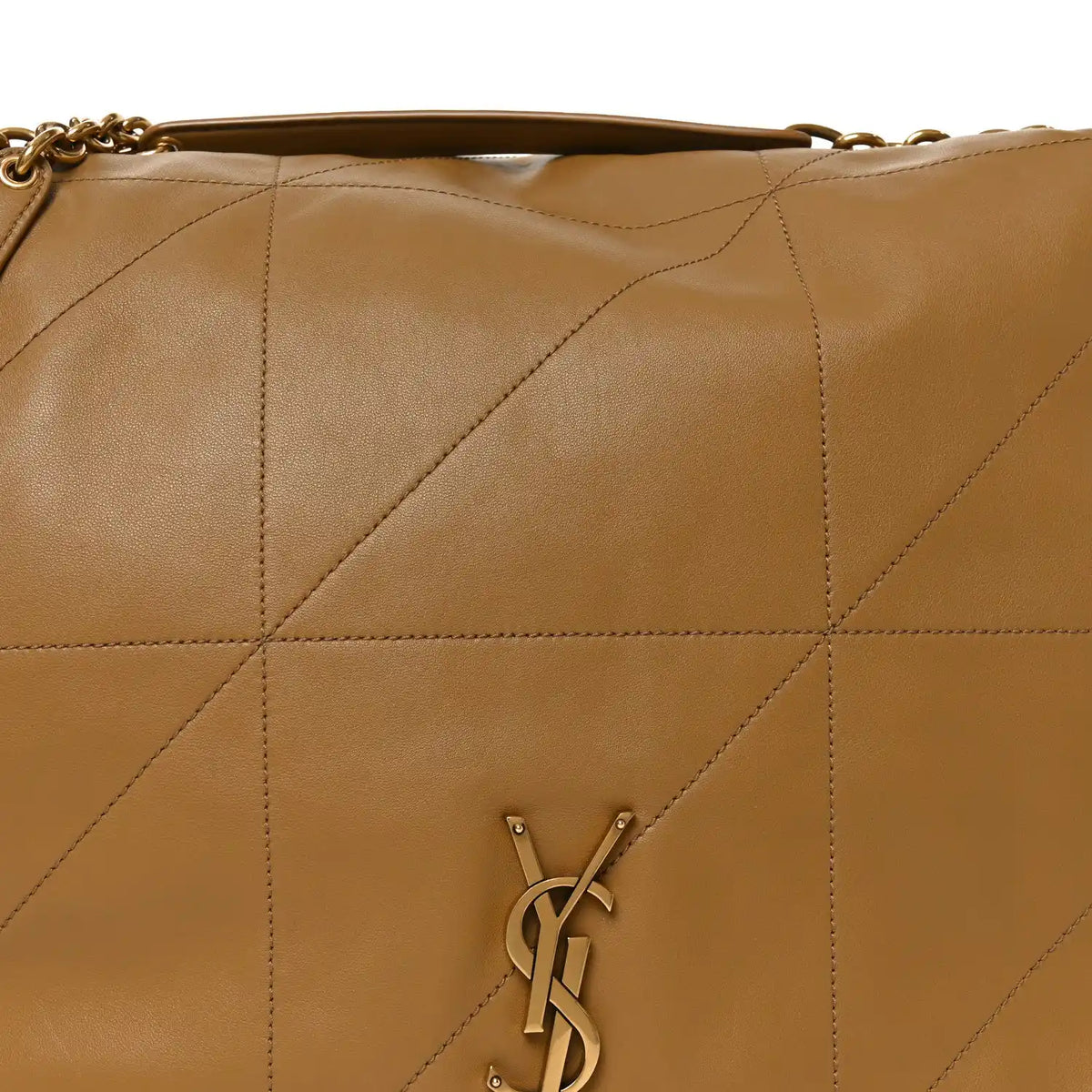 Tabac brown lambskin quilted bag front with YSL monogram hardware