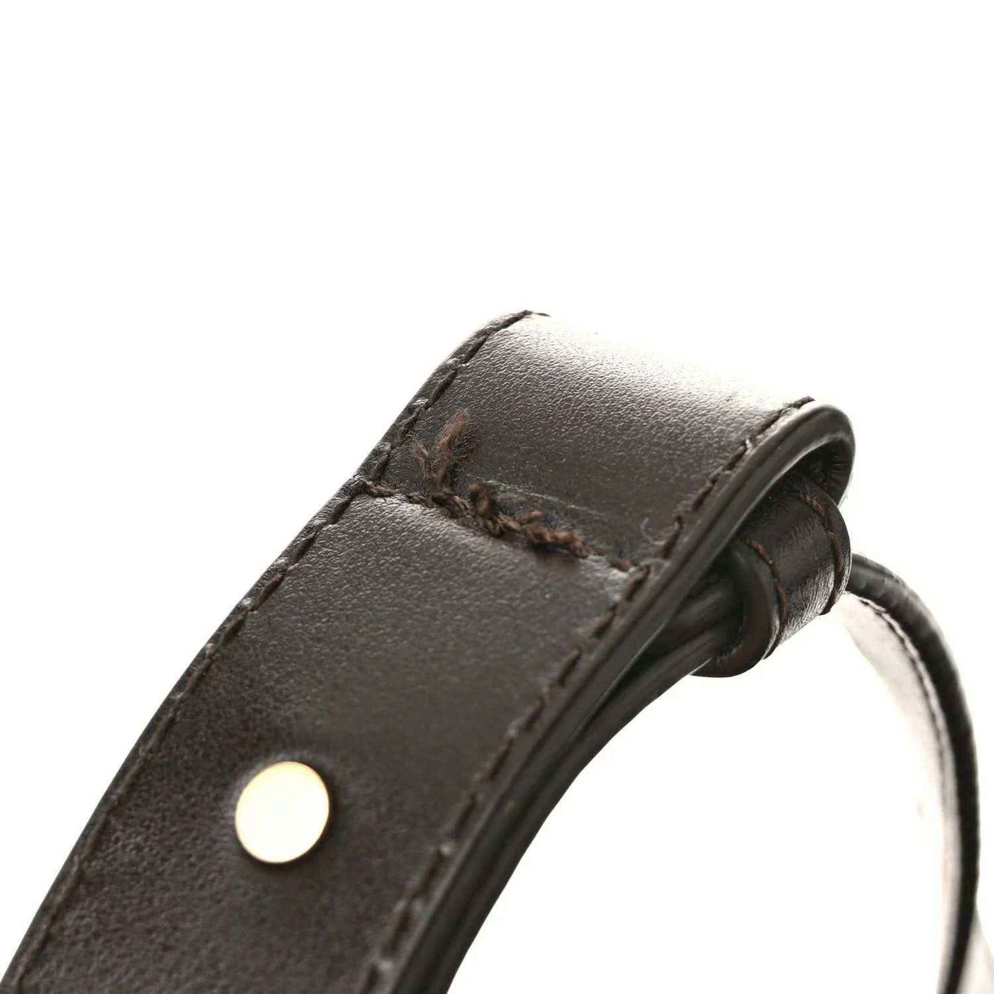 Nappa intrecciato weekender bag strap end with round metal snap, dark leather