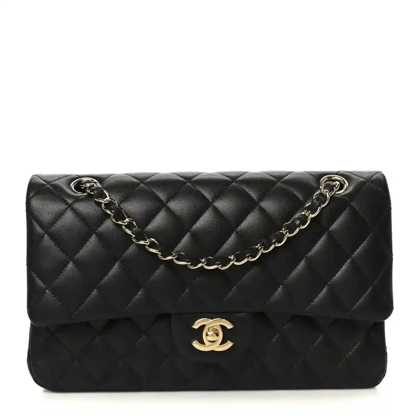 Chanel quilted lambskin medium double flap shoulder bag in black, gold logo and chain strap