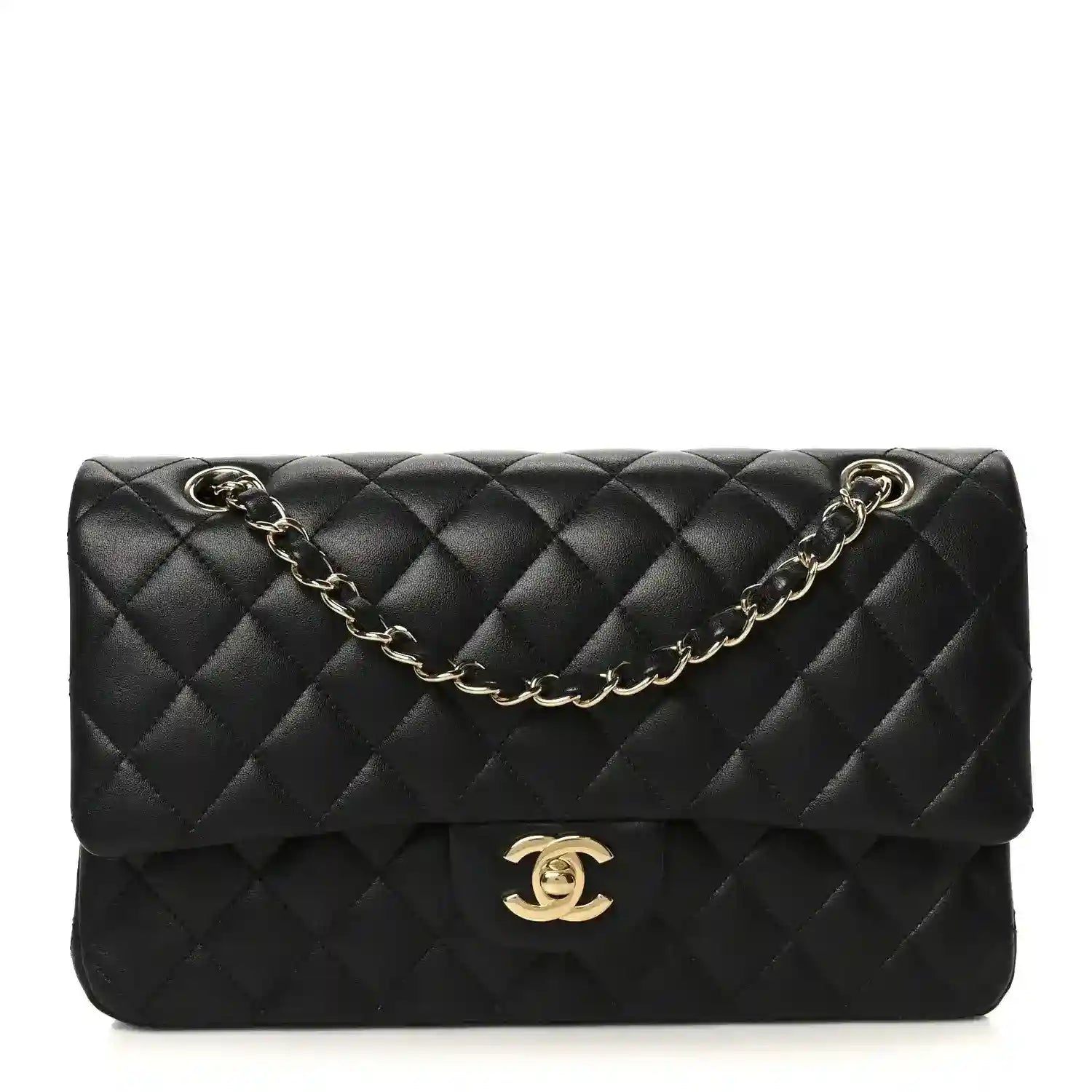 Chanel quilted lambskin medium double flap shoulder bag in black, gold logo and chain strap
