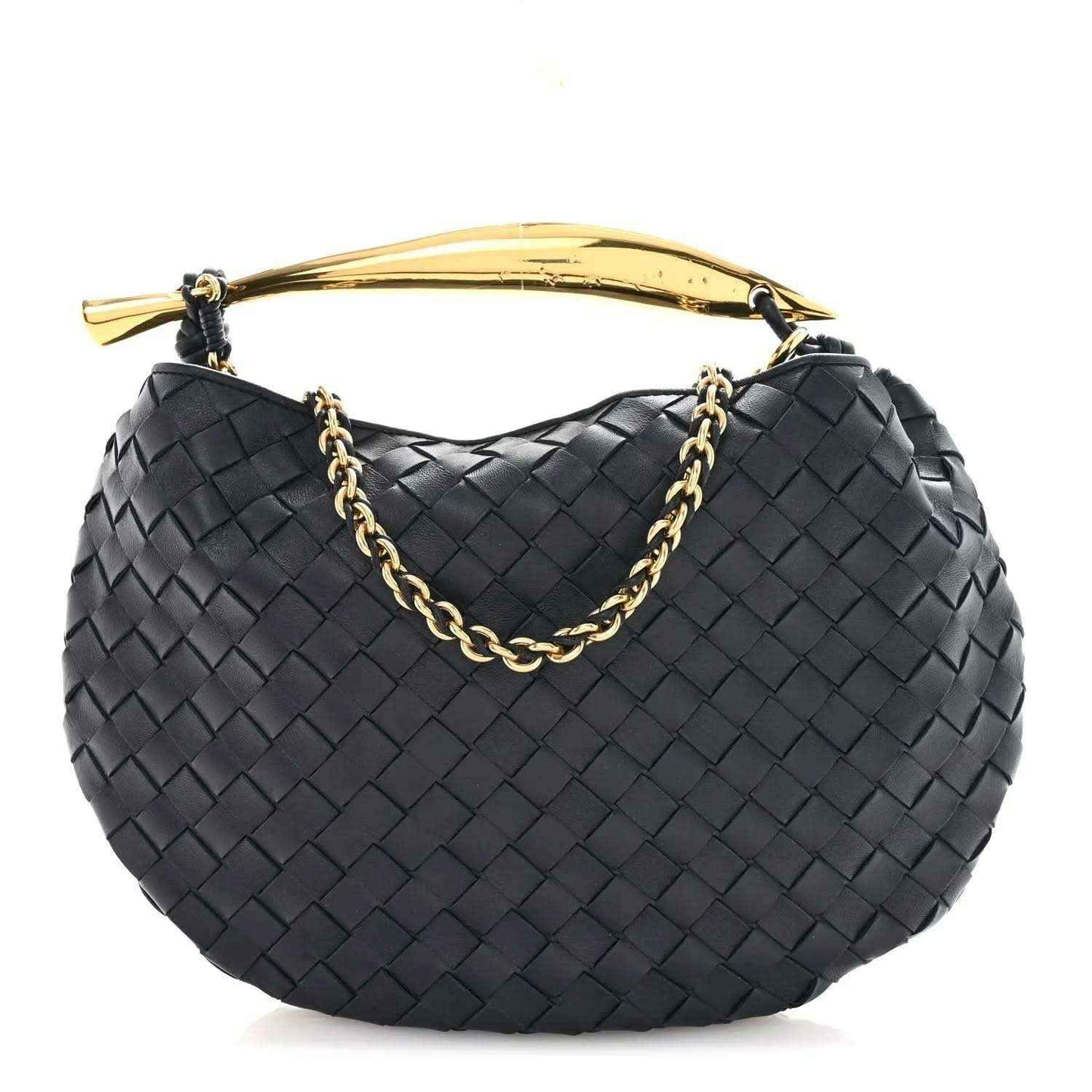 Black woven nappa leather hobo bag with gold chain strap and gold top hardware