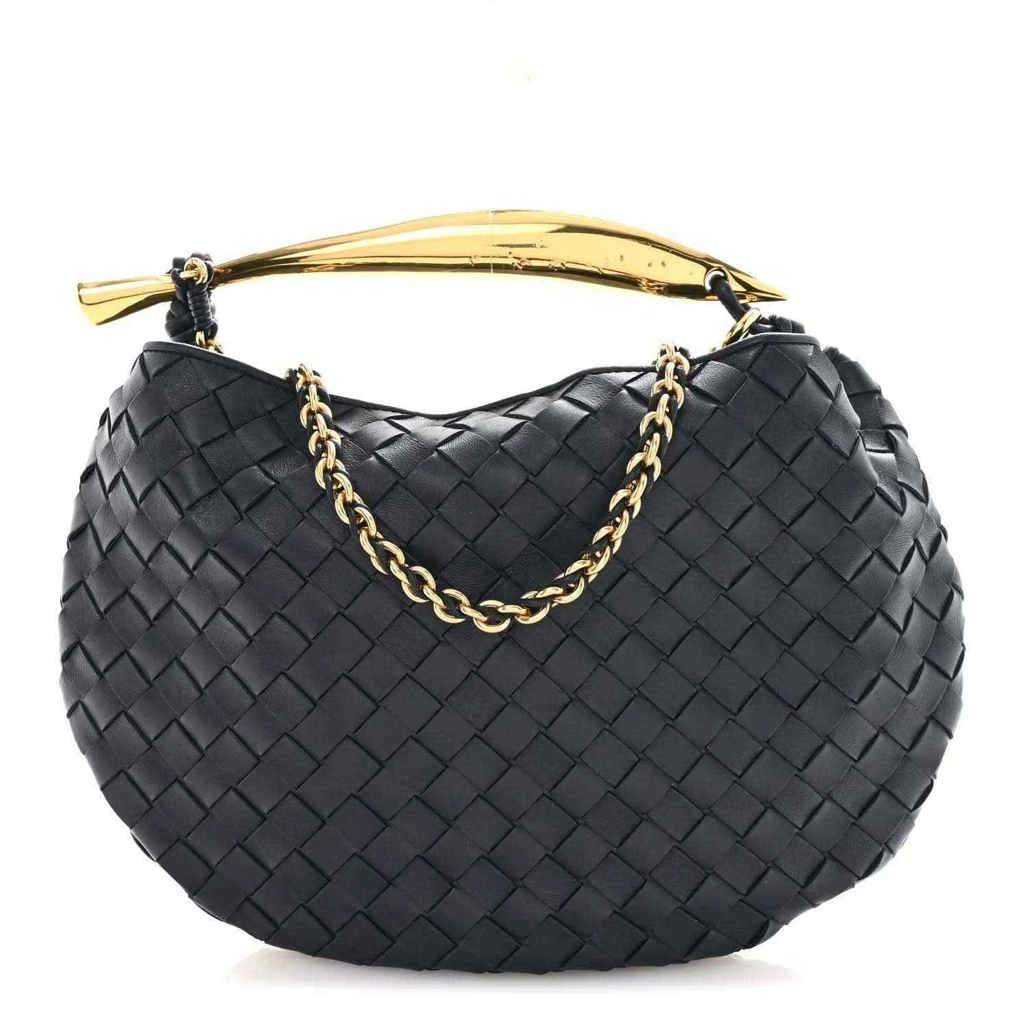 Black woven nappa leather hobo bag with gold chain strap and gold top hardware