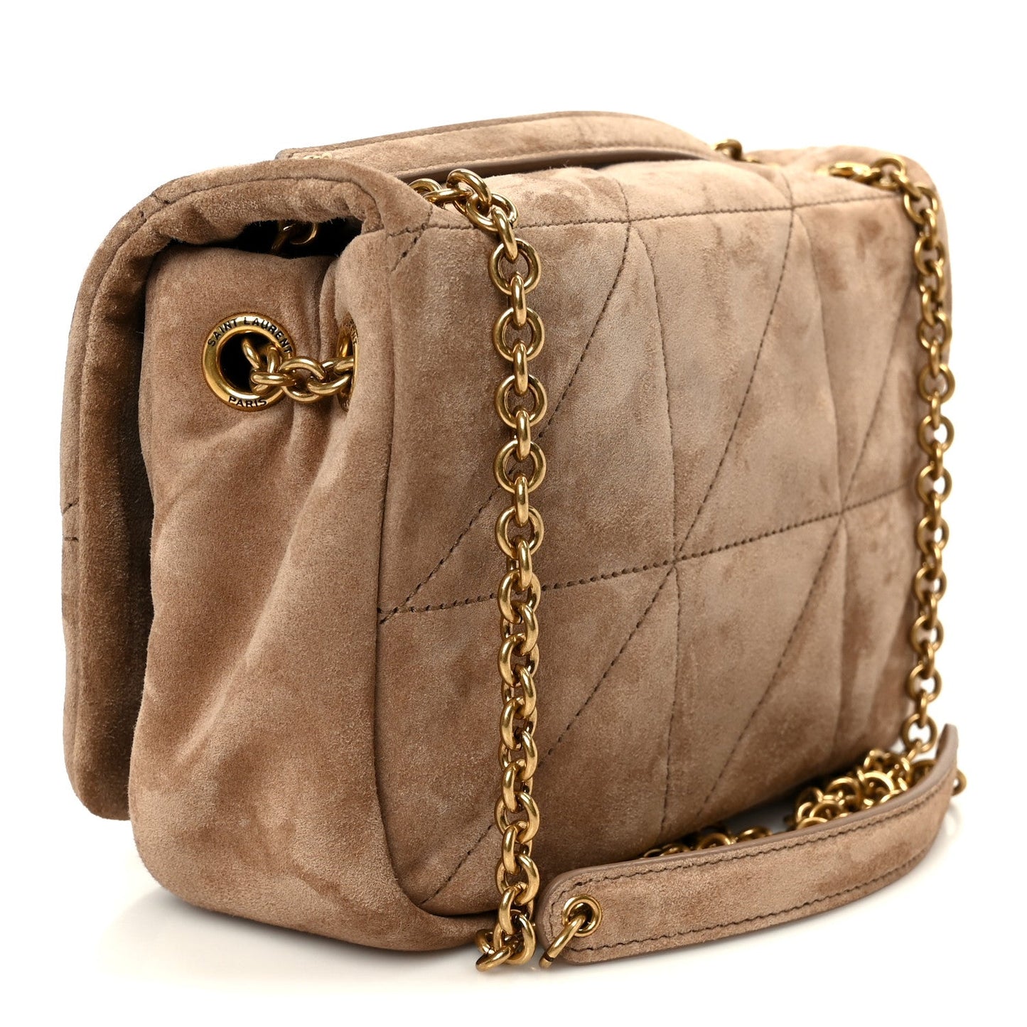 Taupe suede mini shoulder bag with gold chain strap and turn-lock clasp