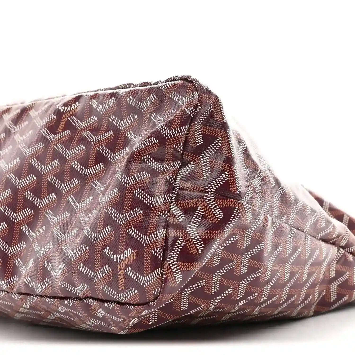 Burgundy patterned coated canvas hobo bag with Goyard logo patch and stitching