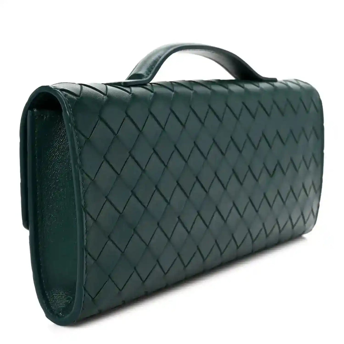 Emerald green intrecciato nappa long clutch bag side view with woven pattern