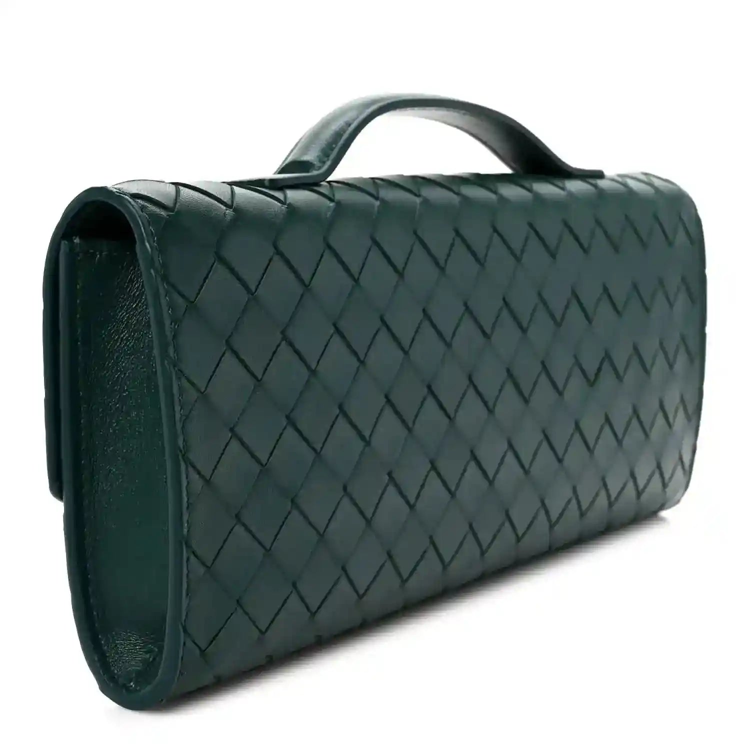 Emerald green intrecciato nappa long clutch bag side view with woven pattern