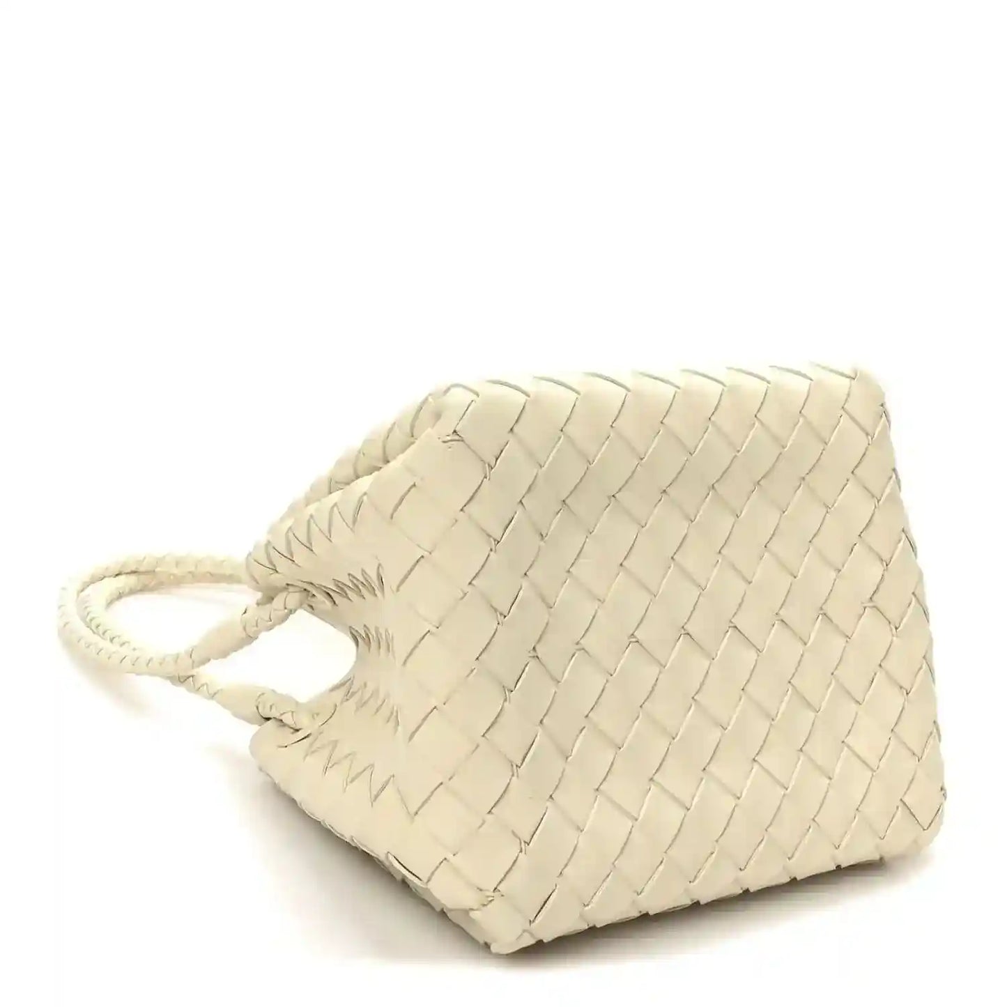Light cream woven small bag with adjustable drawstring and braided cord, angled