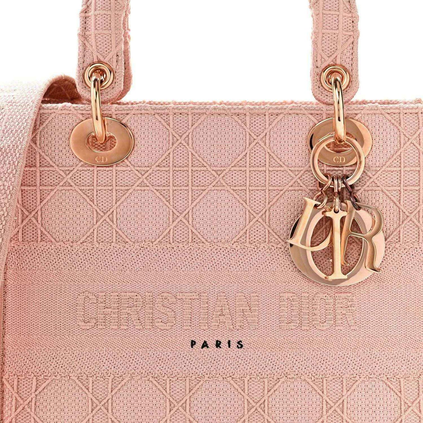 Pink canvas bag front with gold rings, Dior charm, and “CHRISTIAN DIOR PARIS”