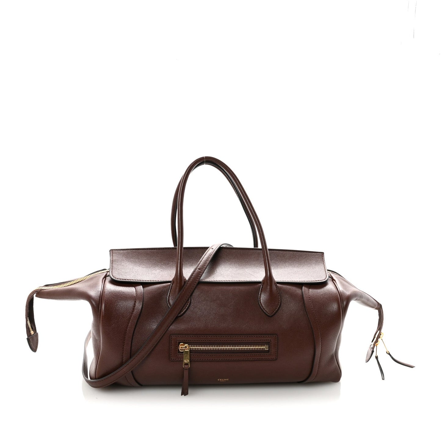 Shiny lambskin medium handbag in dark brown with top handles and front zip pocket