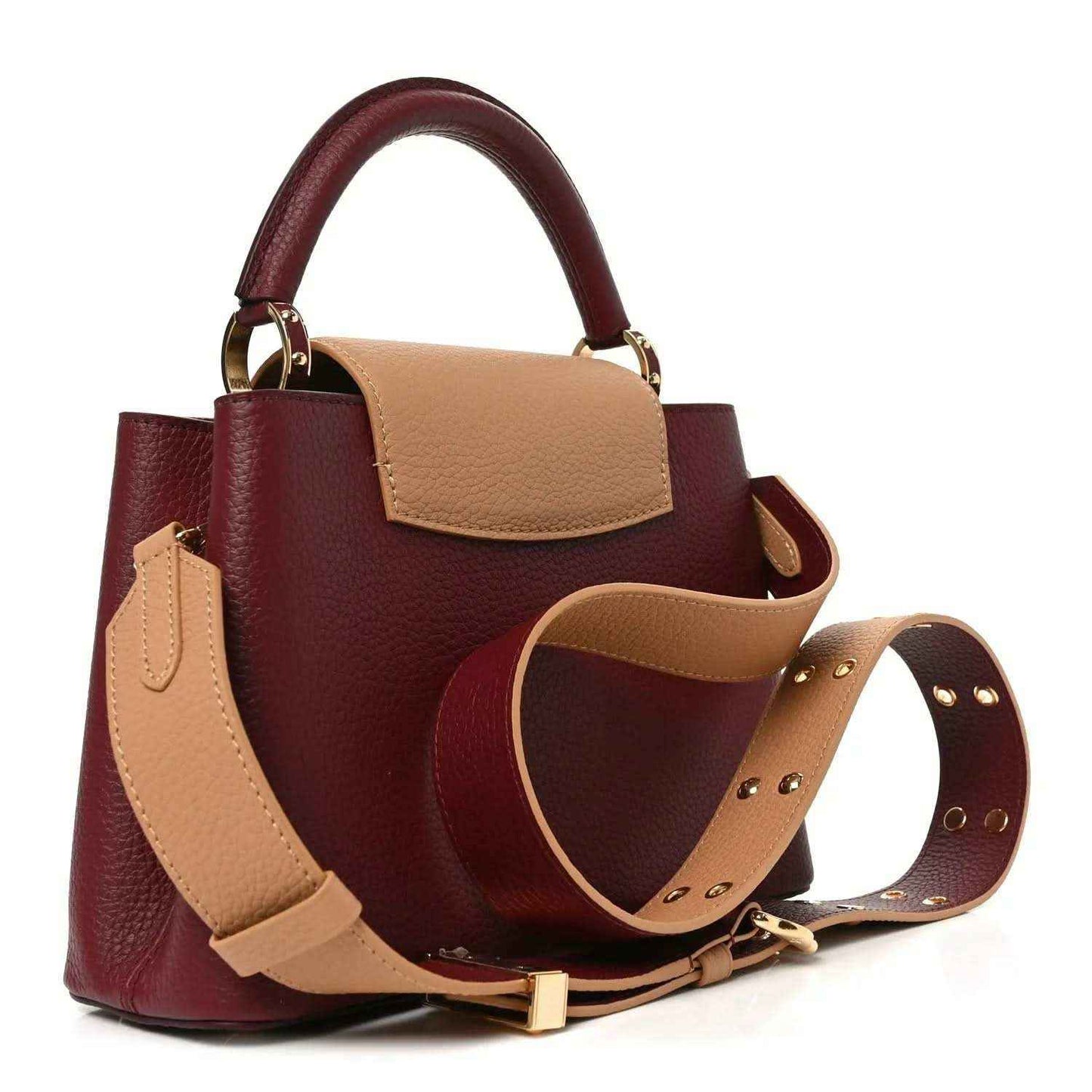 Bordeaux leather mini handbag with tan handles, crossbody strap, and gold hardware.