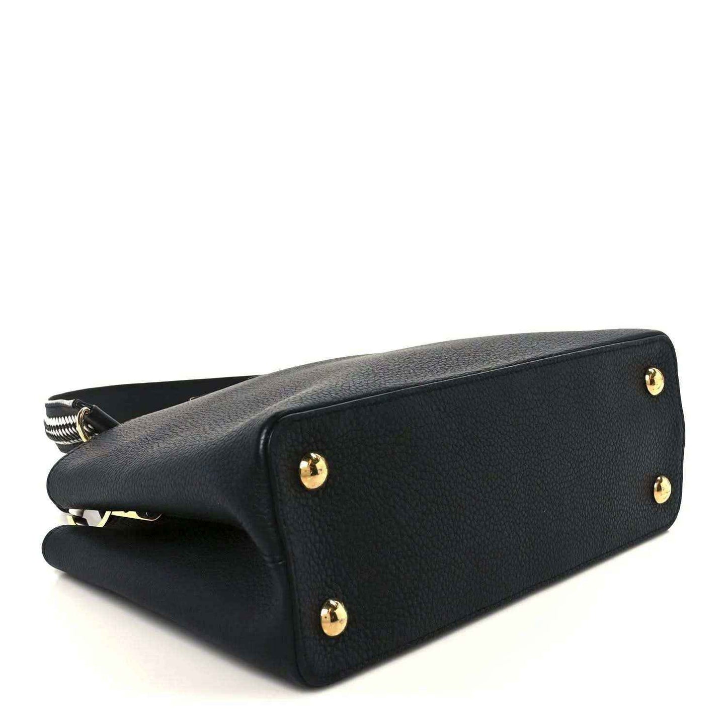 Black leather handbag with gold feet and side zipper hardware