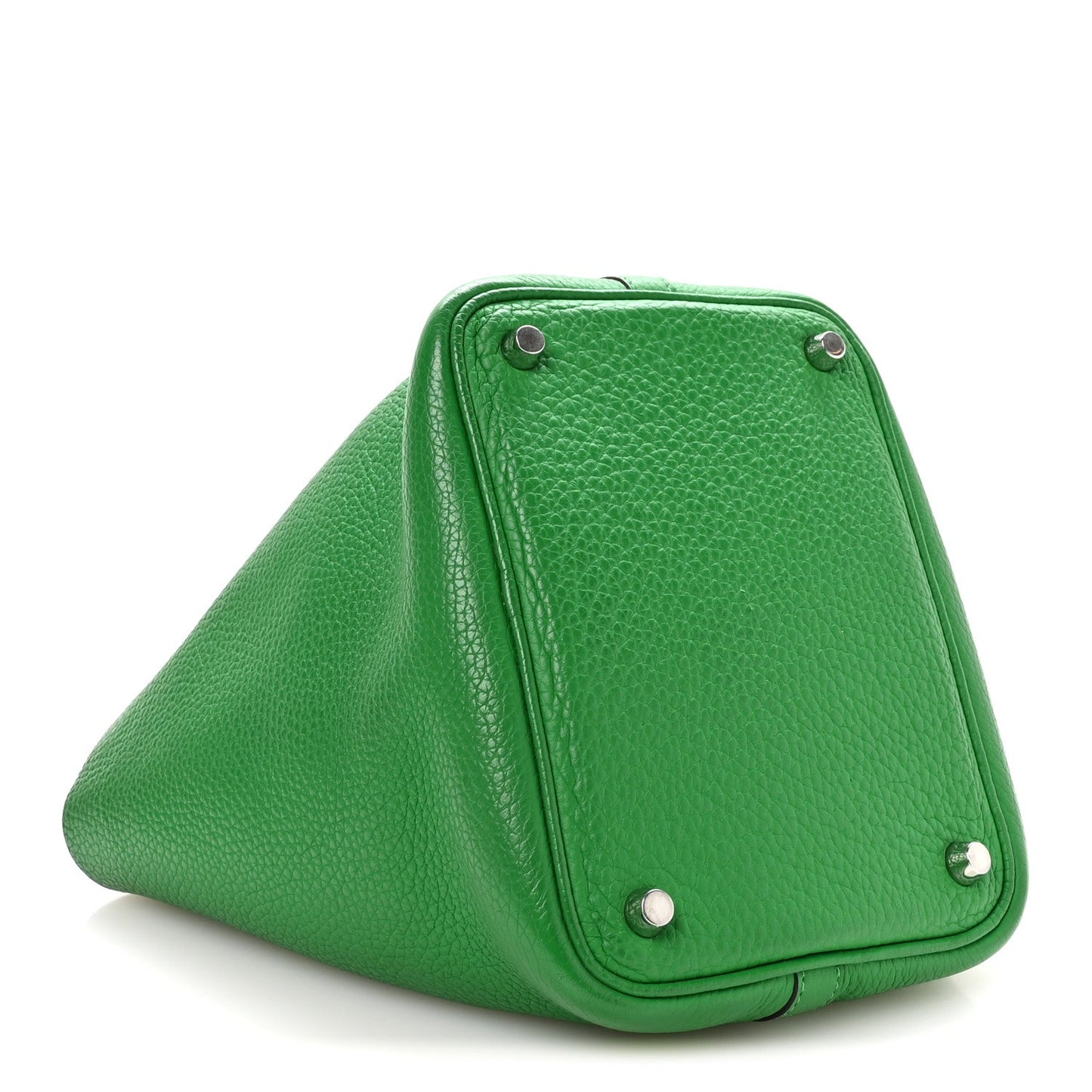 Green leather tote bag with front snap closure and top handles