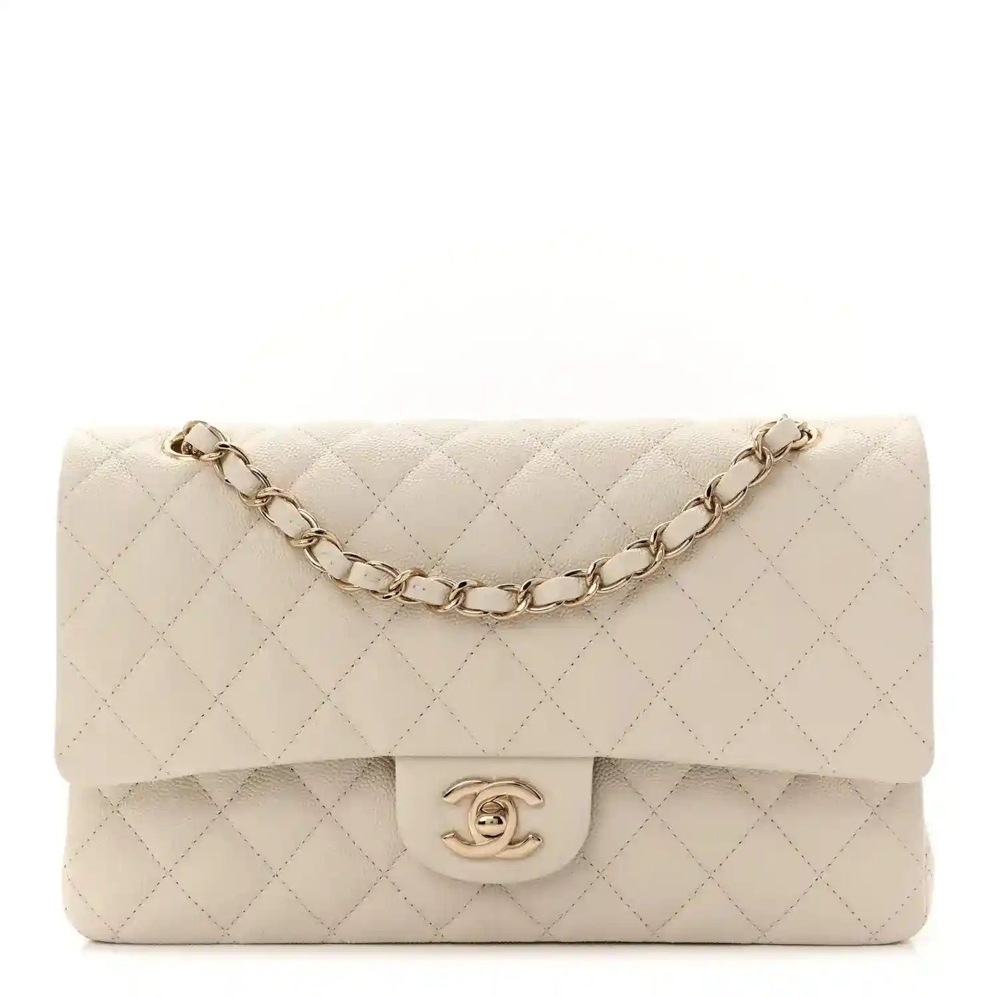 White quilted caviar leather medium double flap bag with chain strap and CC turn-lock
