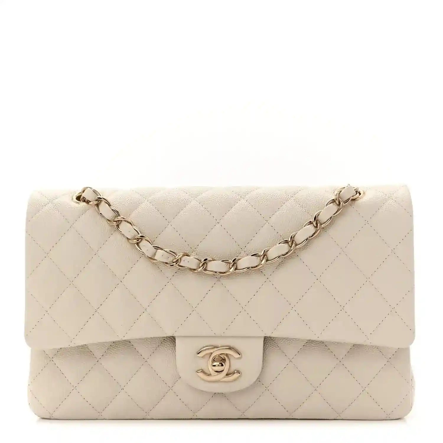 White quilted caviar leather medium double flap bag with chain strap and CC turn-lock