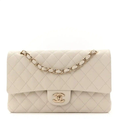 White quilted caviar leather medium double flap bag with chain strap and CC turn-lock