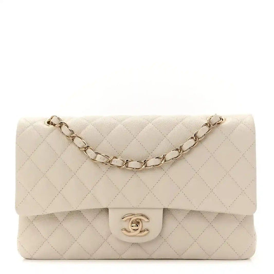 White quilted caviar leather medium double flap bag with chain strap and CC turn-lock