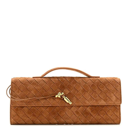 Amber suede intrecciato long clutch with top handle and gold-tone clasp closure
