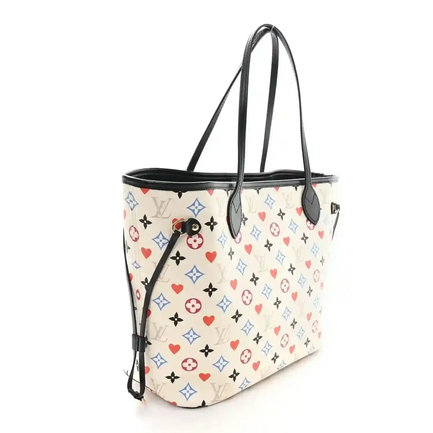 White monogram tote bag with black top handles, side profile, and zipper pull