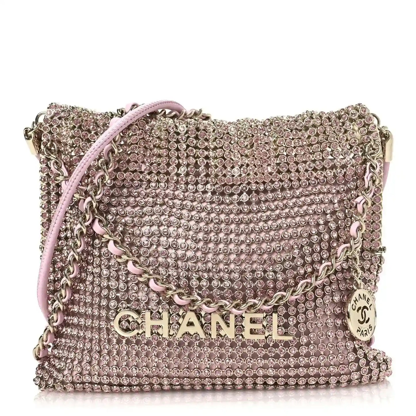 Chanel Mini 22 handbag in pink metallic crystal mesh with chain strap and logo front.