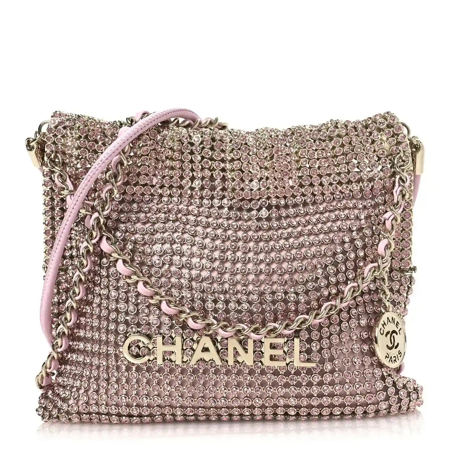 Chanel Mini 22 handbag in pink metallic crystal mesh with chain strap and logo front.