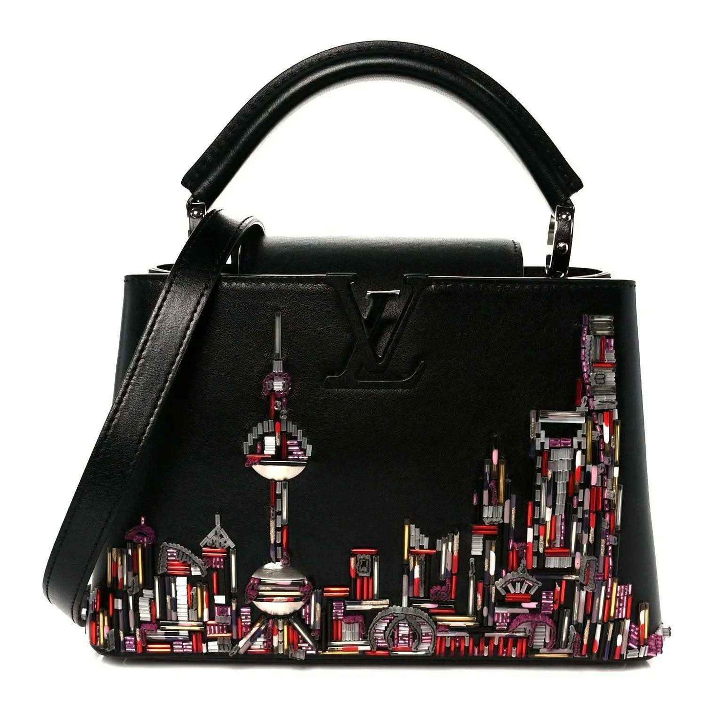 Capucines BB black calfskin beaded skyline bag with top handles and LV emblem