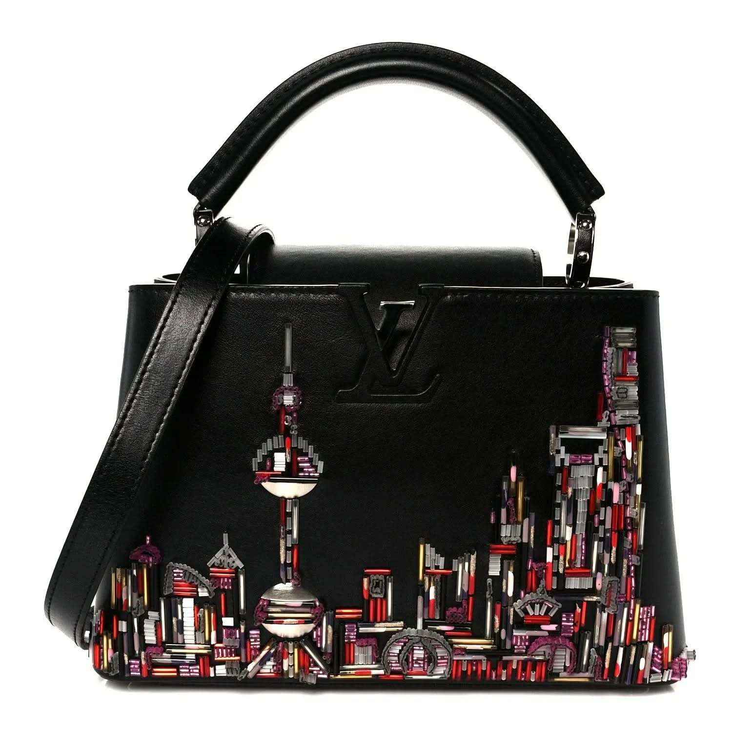 Capucines BB black calfskin beaded skyline bag with top handles and LV emblem